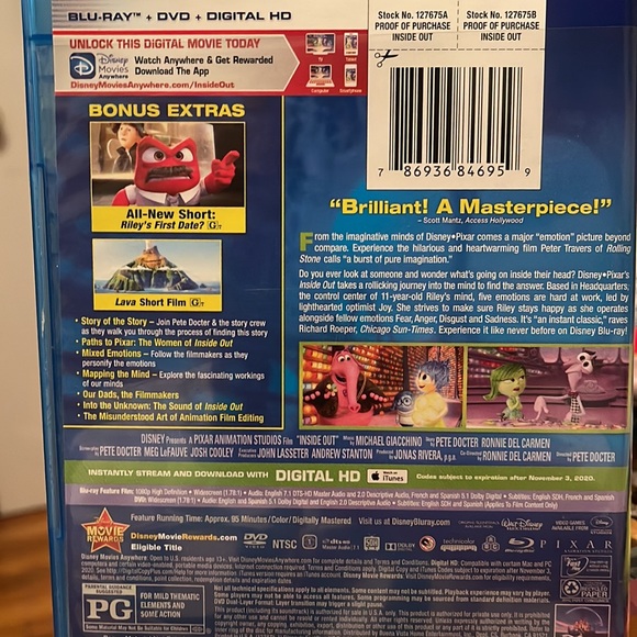 Inside Out Blue-Ray Double DVD Set one dvd/one blu ray disc - Picture 2 of 3